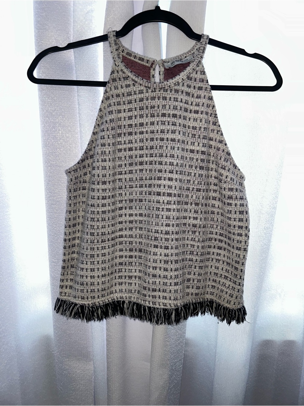 Zara Cream and Black Tweed Halter Fringe Top